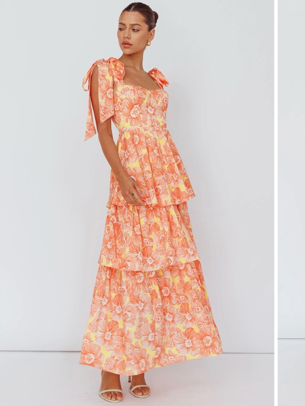 Arlowe Tied Shoulder Tiered Midi Dress Floral Orange